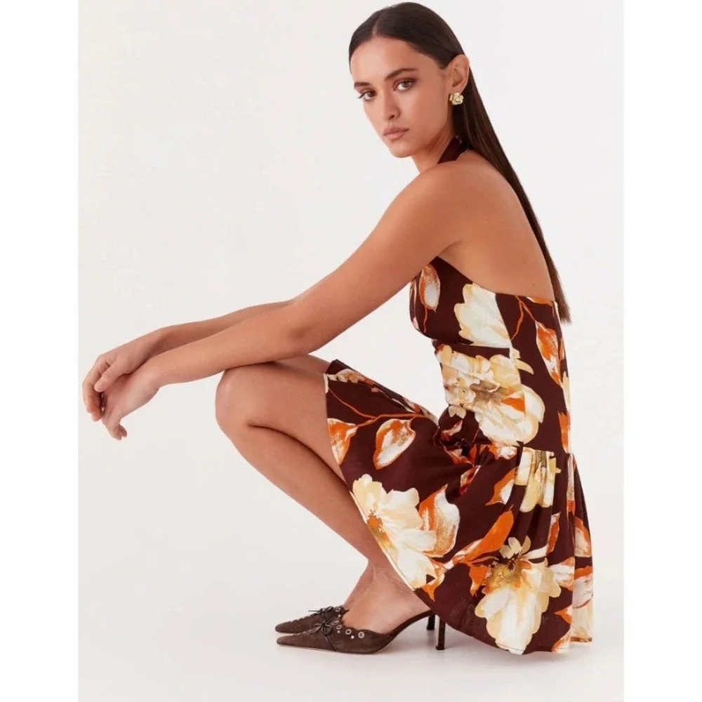 Peppermayo Brown Floral Linen Halter Neck Sunset Ballad Mini Dress Resortwear  S